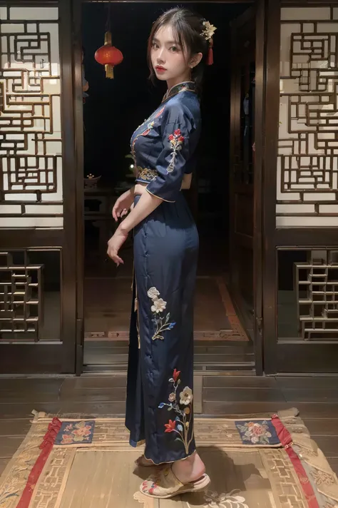 Raw images, ( random shooting , Full body in frame,  side view Focus,   dutch pants  ), (( Mature Asian Female , One-person, Back of the head) ( Traditional Chinese dress ,  one-pieceDark Blue , long length,  elegant, hand embroidery , decoration,  interes...