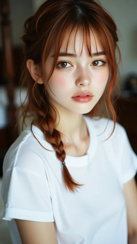 8k, masterpiece, highest quality, Korea's Beautiful Women, Close-up, frontal, slightly low-angle. Fair skin, reddish-brown hair, braided updo, natural makeup, soft expression, gentle gaze. White t-shirt, loose-fitting. Relaxed, slightly hunched posture. Bl...