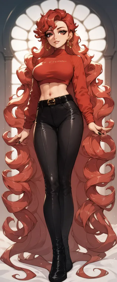 E A beautiful woman Beautiful sexy attractive sensual red hair shiny wavy curly long straight her eyes light red long eyelash wears short metallic red long sleeve shirt shows navel and dark gray pants black belt black heel gold ear earring