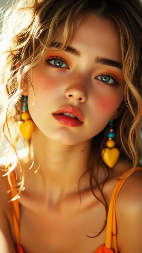 8k, masterpiece, highest quality, Korea's Beautiful Women, Close-up, curly blonde hair, blue eyes, freckles, orange and yellow eyeshadow, colorful heart-shaped earrings, pink lips, warm golden lighting, dramatic shadows, high contrast, soft focus, beauty p...