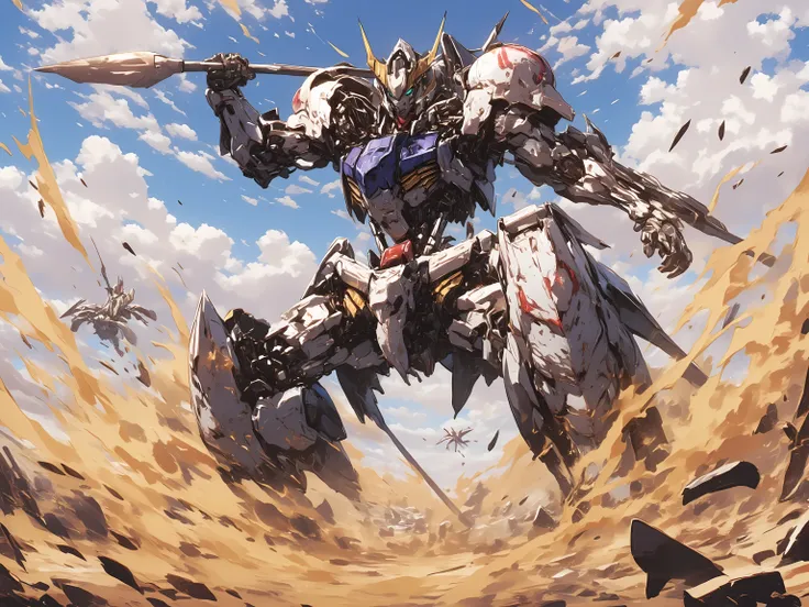 ( Gundam Barbatos、B4RBAT0S 、  HD , Detailed Images ,  bright lighting  , holding a sword 、), (desert battlefield),(motion lines)