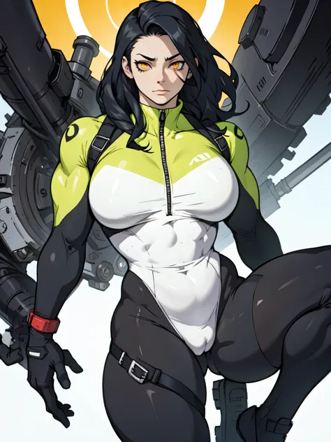 skintight bodysuit black hair yellow eyes pale skin huge muscles large breasts thick thighs empty eyes