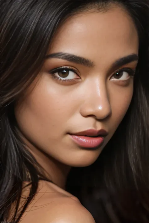 Best picture quality, masterpiece level, ultra-detailed, perfect face, beautiful black woman is looking at camera, close up, HDR, portrait, elegant pose, captivating eyes, long hair, full lips, film grain, photographed with a Sony a9 II Mirrorless Camera, ...
