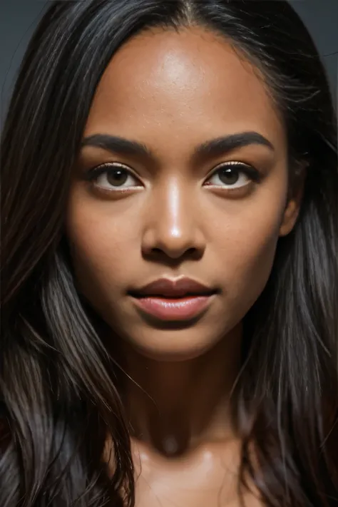 Best picture quality, masterpiece level, ultra-detailed, perfect face, beautiful black woman is looking at camera, close up, HDR, portrait, elegant pose, captivating eyes, long hair, full lips, film grain, photographed with a Sony a9 II Mirrorless Camera, ...