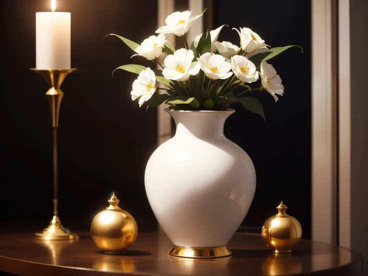 " white vase with gold ornaments on a dark background, Without light reflections "