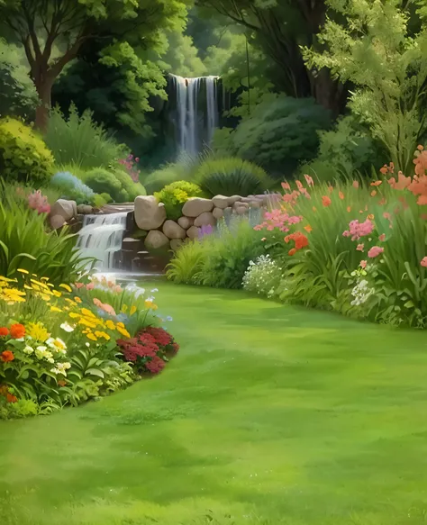 there is a waterfall in the middle of a lush green garden, lush landscape, garden environment, garden landscape, lush landscaping, stunning image, lush garden in the background, beautiful garden, lush garden surroundings, garden background, lush lawn, lush...