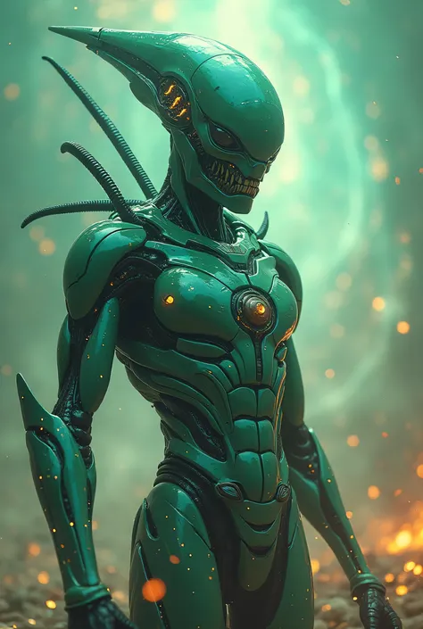 Alien born from a radioactive explosion with an exoskeleton full of next-generation alien AI weapons in full color