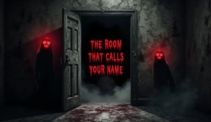 
"A pitch-black, decayed room with flickering, dim light casting eerie shadows. The walls are cracked, covered in eerie symbols and bloody handprints. The door is wide open, revealing a **deep, endless void** with glowing red eyes staring back. Shadowy fig...