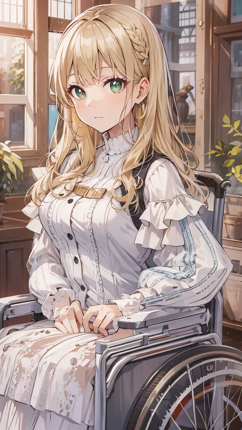 [[[ ultra-detailed, best quality, soft skin, beautiful face, masterpiece, close-up, modern setting, anime]]], , long hairstyle, blonde hair, green eyes, black pupils, wheelchair, gentle expression, modest breasts, looking at viewer, elegant fashion