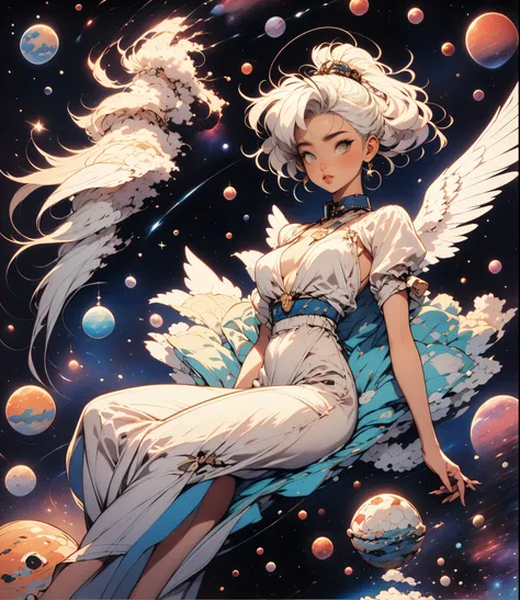 1 female, angel girl, flying in the sky, white hair,años 90, retro. Background: sky, stars, space