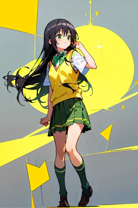 formula wallpaper、   in the seat、 KOTEGAWA Yui 、((( Long Black Hair、 school uniform 、 yellow vest、 green skirt 、Black socks、 loafers)))、 are standing、 has hair fluttering in the wind、 simple background