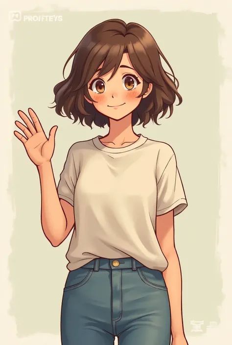 Could you make a tester girl with short brown hair who says goodbye with her hand. Let it be in the style of Lofi's characters