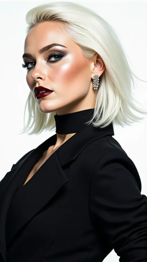 A high-fashion editorial portrait of a woman with platinum blonde hair, in the style of modern fashion photography, sleek and minimalist, sharp jawline, bold makeup, chic black attire, stark white background, striking contrast, capturing a contemporary and...