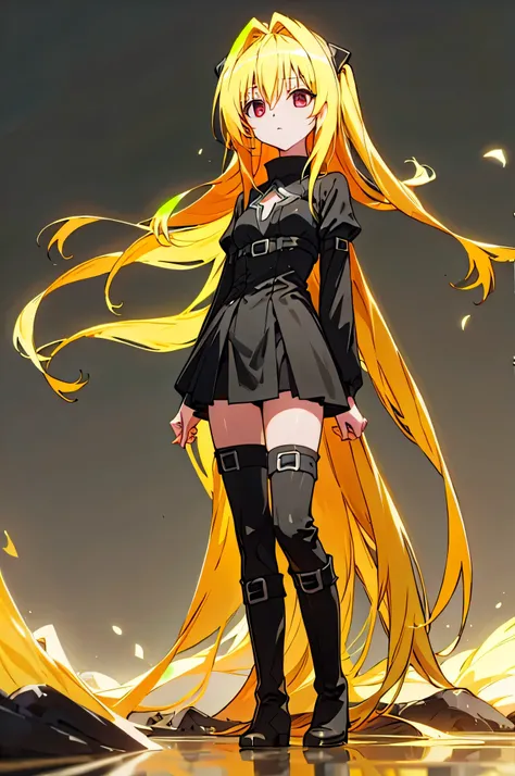 formula wallpaper、   in the seat、  golden darkness、((( long golden hair、Black outfit、 Black Boots 、)))、 are standing、 has hair fluttering in the wind、 simple background