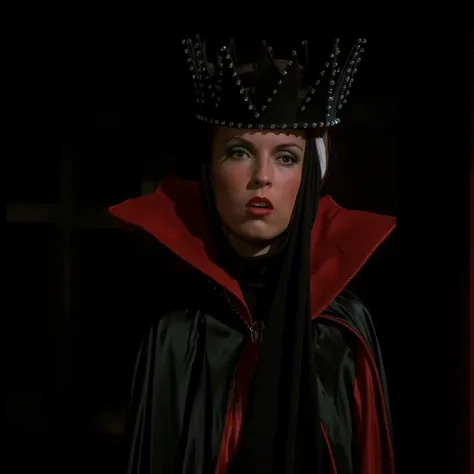 cinematic closeup film still of Evil Queen a Long shot of a surprised woman with Huge Wide Bulging Eyes in a black costume, Long Black Satin Cape with red satin Lining and a black crown with wide staring eyes and a shock expression on her face in 1500s 15...