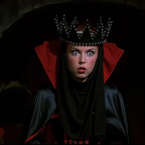 cinematic closeup film still of Evil Queen a Long shot of a surprised woman with Huge Wide Bulging Eyes in a black costume, Long Black Satin Cape with red satin Lining and a black crown with wide staring eyes and a shock expression on her face in 1500s 15...