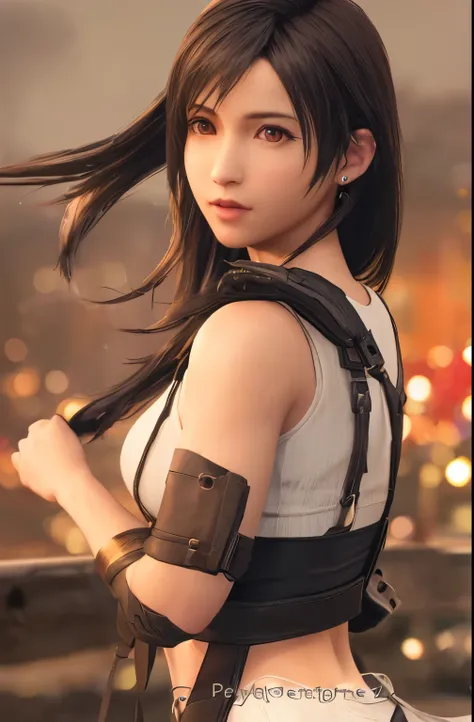 (FF7,Tifa Lockhart:1.3),(photo-realistic,perfect-anatomy:1.3),(hyper detailed, masterpiece:1.2), best quality,RAW photo, exquisite, beautiful  ,sharp focus, depth of field ,blur background, bokeh ,Cinematic lighting,((female)),(21yo:1.3),(sprinting),hair b...