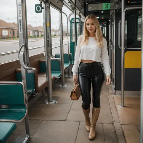 leather leggings Blonde Haare, green tall wellies, bus
