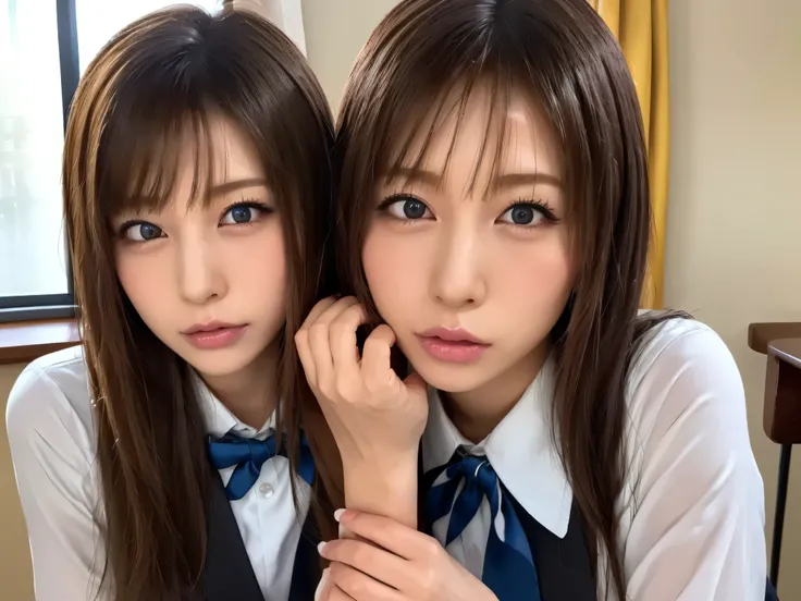 ( top quality, 4K, 8k high resolution, Masterpiece:1.2), very detailed, 1people, woman, ( black hair, long hair, blue eyes),(( school uniform)),((3people)),(()),(()),(()),(()),(()),(()),(()) Sexy Vibe , attractive breasts, magic hour ,Emphasizing i...