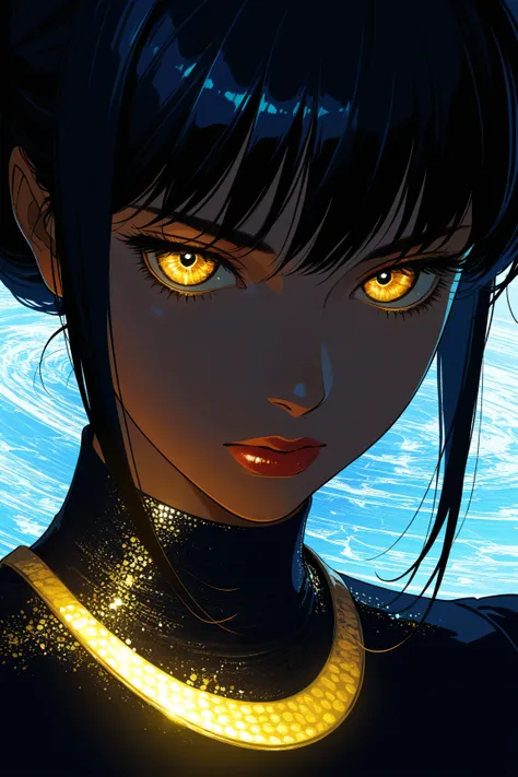((best quality)), ((masterpiece)), (detailed), perfect face, asian girl, surreal, sexy space clothes, in the illustrative style of moebius, spaceships, aliens, fantasy, sci-fi, graphic novel, line drawing, french retro, glowing gold eyes, eyes like jewels,...