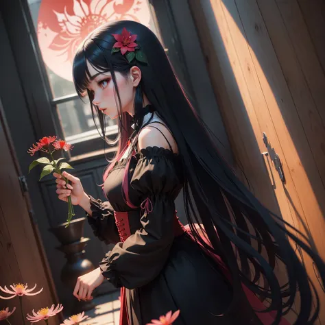  pink flower , Red spider lily, ピンクのRed spider lily, Blue Moon　Mysterious　 illustration 　Girl with long black hair wearing a navy blue dress　Intellectually cold