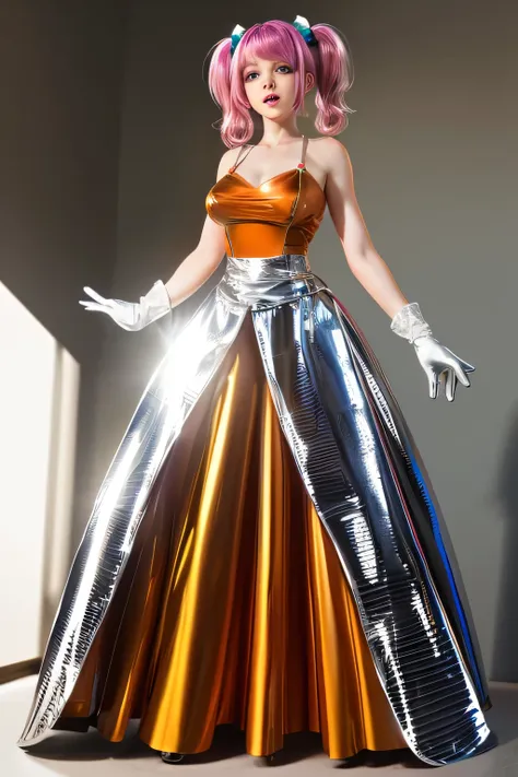  top quality, highest resolution,(((shiny orange dress　 long skirt　shiny silver boots 　 shiny white opera gloves 　shiny pink hair　 long twin tails)))  Metal Max 2 Reloaded 　 Red