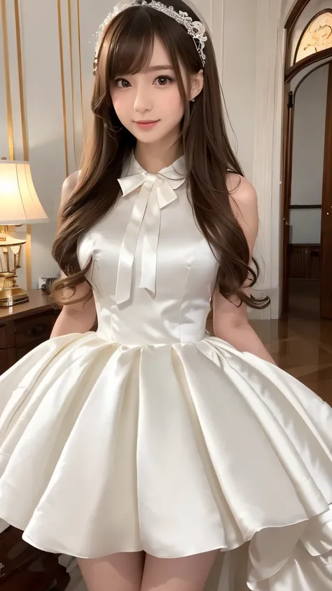 (((Top Quality))), (((Masterpiece))), (((Detail))), tall, looking at camera, face-to-face,pure-white and off-white shiny silk satin ruffle girly empire length wedding dress, hands thrust forward, Japanese, brown hair, long hair, gorgeous room,. Gorgeous ri...