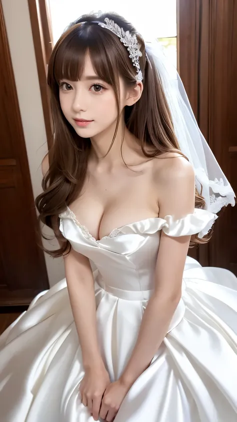 (((Top Quality))), (((Masterpiece))), (((Detail))), tall, looking at camera, face-to-face,pure-white and off-white shiny silk satin ruffle girly empire length wedding dress, hands thrust forward, Japanese, brown hair, long hair, gorgeous room,. Gorgeous ri...