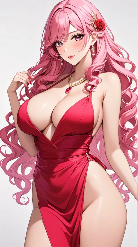 top quality　 Masterpiece 　 high definition 　 Masterpiece 　 pink long hair, curly hair,　　 pink Eyes , big breast, seductive, flirty, blushing, plain backround, no backround, white backround, gyaru, make up, plunge thight shimmer red dress,sexy, accesories, ...