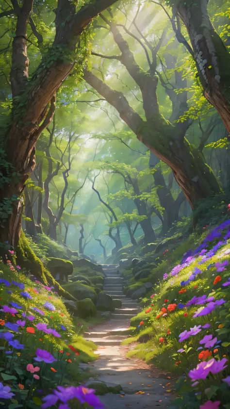  highdefinition images , Deep Forest Picture 、Seven colored flowers and trees 々、  A mysterious forest with magical beings hidden in branches , 8k,  High Quality Seven Colored Flowers  , a forest believed to be inhabited by fairies , The soft morning sun sh...