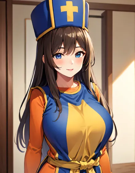 (large breasts:1.55),(shiny hair),((solo)),((masterpiece)),((best quality)),perfect anatomy,slim waist,perfect image,8k UHD,(beautiful detailed eyes:1.5),extremely detailed face,standing,(upper body:1.2),(look at the front:1.5),arms behindback,ultra-detail...