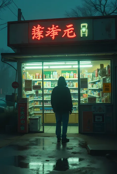 Vintage, 2000's vibe, convenient store, mysterious, laid-back, outside 