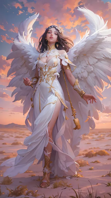 (( RAW Photo )), (( Masterpiece)), anthropomorphic humanoid angel girl wearing a white lady robe,  Intricate Details,  running shoes ,  Complex Grieble Pieces , The sky behind,  pink, Beautiful Feathers,  detailed eyes and lips