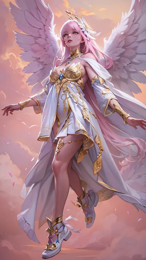 (( RAW Photo )), (( Masterpiece)), anthropomorphic humanoid angel girl wearing a white lady robe,  Intricate Details,  running shoes ,  Complex Grieble Pieces , The sky behind,  pink, Beautiful Feathers,  detailed eyes and lips