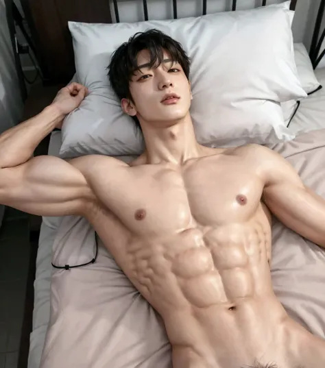 Arafed man , Jungkook cara precisa, chico kpop, expresión enojada y dominant, ((dominant))  lying in bed with his shirt off and no shirt on, south korean man,  Korean muscle boy 2  ,  posing in bed , with abs,  perfect body,  while posing on the same bed ,...