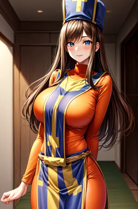 (large breasts:1.55),(shiny hair),((solo)),((masterpiece)),((best quality)),perfect anatomy,slim waist,perfect image,8k UHD,(beautiful detailed eyes:1.5),extremely detailed face,standing,(upper body:1.2),(look at the front:1.5),arms behindback,ultra-detail...