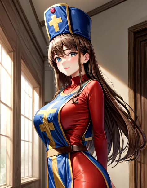 (large breasts:1.55),(shiny hair),((solo)),((masterpiece)),((best quality)),perfect anatomy,slim waist,perfect image,8k UHD,(beautiful detailed eyes:1.5),extremely detailed face,standing,(upper body:1.2),(look at the front:1.5),arms behindback,ultra-detail...