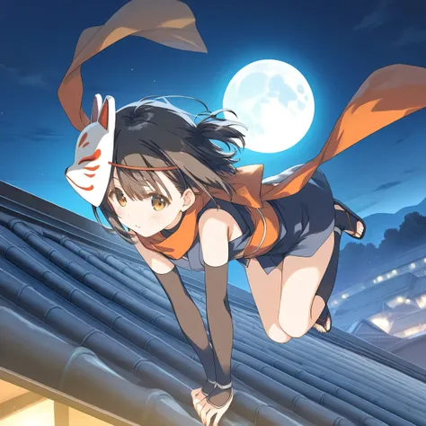 1girl, little female, ninja, fox mask, mask on head,night, rooftop, wind, moon, jumping, game CG, break,(artist:mitsumi_misato),artist:fujiyama,artist:kokonoka, artist:aquaplus, break,(masterpiece), (best quality), (ultra-detailed),(Detailed Lighting), ver...