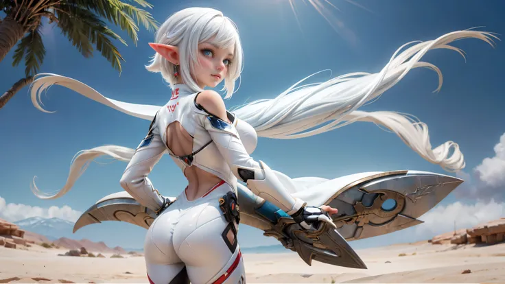 Ariel, upper body portrait, elf, white hair, beautiful, cute futuristic clothes, warrior, midriff, fit, white hair, tight one piece suit, cowboy shot, rear view looking back, desert background, realistic fantasy ,concept art