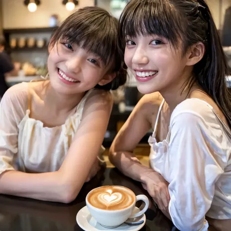 2.	“Ultra-detailed image of twins at a minimalist modern café, one holding a cappuccino with a delicate latte art heart, while the other leans in with a playful grin.”