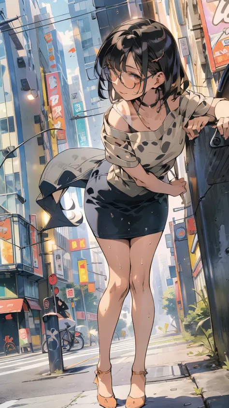 anime - style illustration of a woman in a nit one-piece, anime character, official character art, full body, female anime girl, (black hair:1.5), (tanned:1.3), armpit, (sweaty:1.2), glasses, cameltoe, by the shiny building, (leaning forward:1.5), looking ...