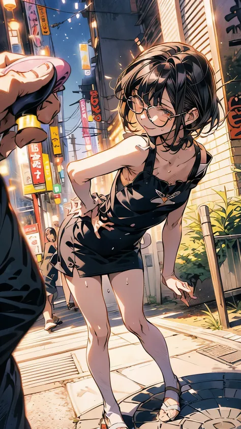 anime - style illustration of a woman in a nit one-piece, anime character, official character art, full body, female anime girl, (black hair:1.5), (tanned:1.0), armpit, (sweaty:1.2), glasses, cameltoe, by the shiny building, (leaning forward:1.5), looking ...