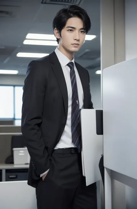  high resolution,( photorealistic: 1.4,RAW shooting),  office, male, front, upright,  short hair,  black hair,  realistic skin and texture ,  officeスーツ