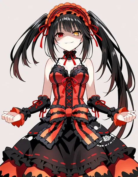 Tokisaki Kurumi, ridiculous , 1 girl, raise arms, black dress , black hair, bow, chest, Clock Eye, cowboy shooting, detachable sleeves, dress , dress bow, Hair Band , heterochromia , long hair, long sleeve , stares at viewers, medium ches...