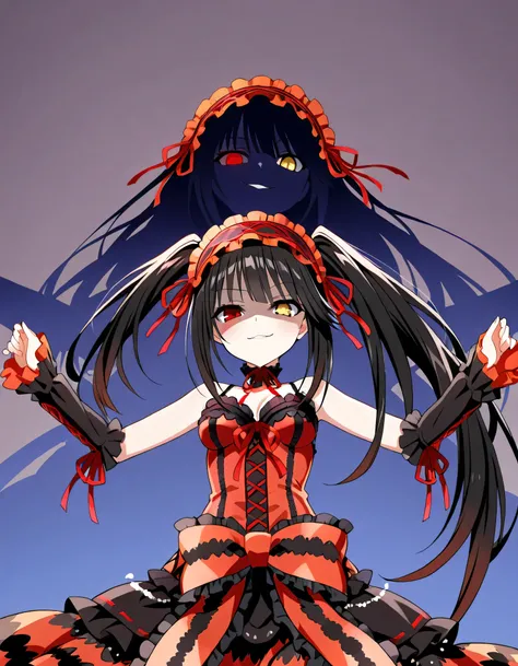 Tokisaki Kurumi,   ridiculous ,  1 girl,  raise arms, black  dress ,  black hair, bow, chest, Clock Eye,  cowboy shooting,  detachable sleeves,  dress ,  dress  bow,  Hair Band ,  heterochromia ,  long hair,   long sleeve  ,  stares at viewers, medium ches...