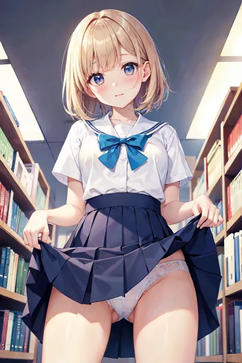   TOP QUALITY、     Max Image Quality、    TOP QUALITY、 school library、 lift up skirt that leaks a lot 、 high school girl、 embarrassing、 white panties、 lift your skirt 、