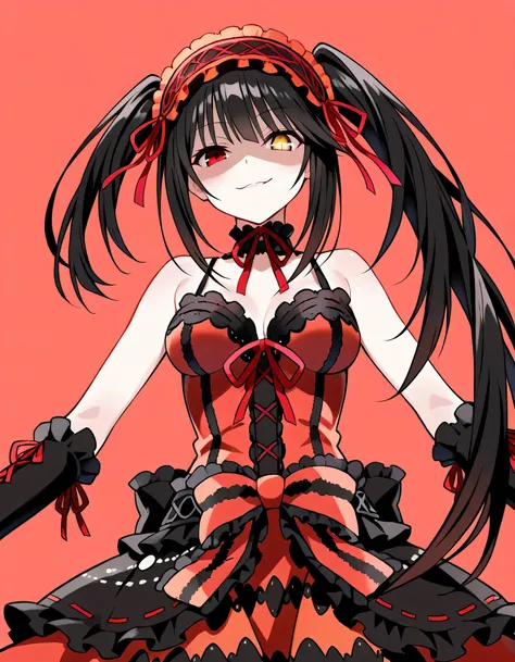 Tokisaki Kurumi,   ridiculous ,  1 girl,  raise arms, black  dress ,  black hair, bow, chest, Clock Eye,  cowboy shooting,  detachable sleeves,  dress ,  dress  bow,  Hair Band ,  heterochromia ,  long hair,   long sleeve  ,  stares at viewers, medium ches...