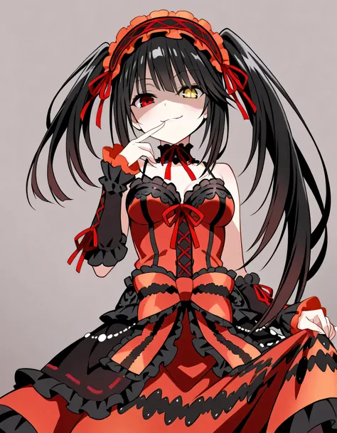 Tokisaki Kurumi,   is ridiculous,  1 girl in the best,  raise your arms, black  dress ,  black hair, bow, chest, Clock Eye,  cowboy shooting,  detachable sleeves ,  dress ,  dress  bow,  Hair Band ,  heterochromia ,  long hair,   long sleeve ,  stare at th...