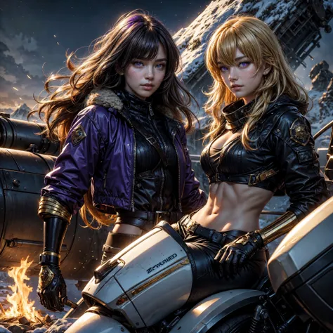 yangxiaolong, yang xiao long, smiling, long hair, blonde hair, (purple eyes:1.3), ahoge, bangs, BREAK wearing a white ski jacket with gold trim, white ski pants, mechanical arms, single mechanical arm, prosthesis, prosthetic arm, BREAK post apocalyptic sce...