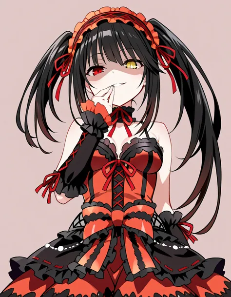 Tokisaki Kurumi,   is ridiculous,  1 girl in the best,  raise your arms, black  dress ,  black hair, bow, chest, Clock Eye,  cowboy shooting,  detachable sleeves ,  dress ,  dress  bow,  Hair Band ,  heterochromia ,  long hair,   long sleeve ,  stare at th...